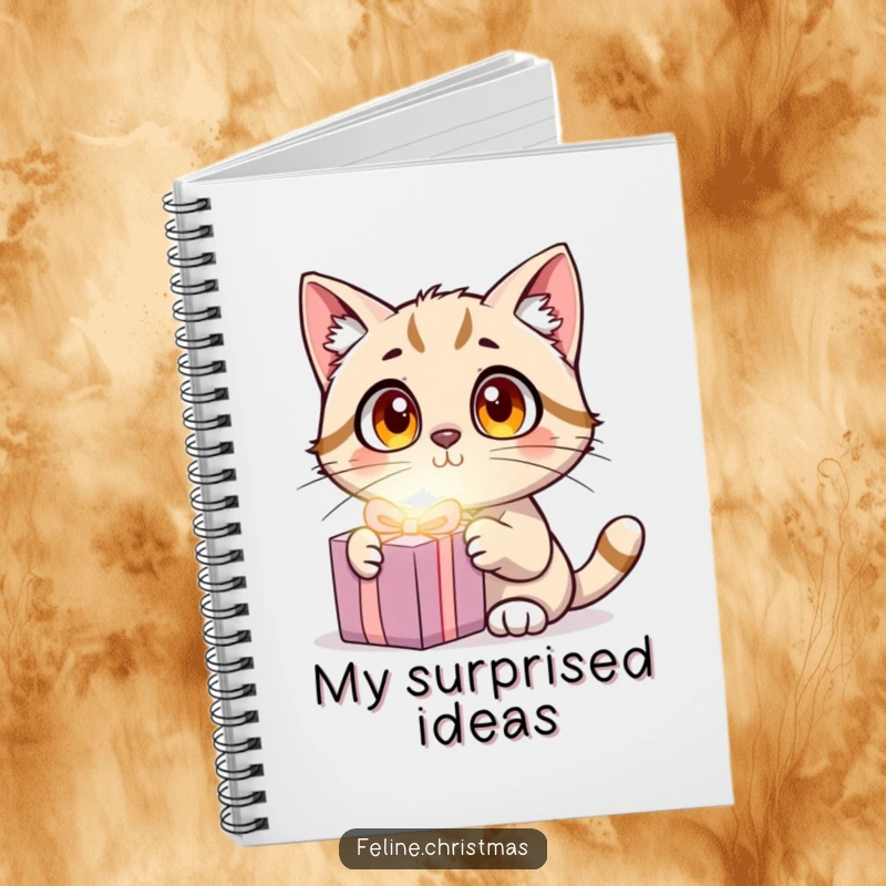 Funny Cat Surprise Notebook featuring a wide-eyed cat surprised by a glowing present, ideal for journaling.