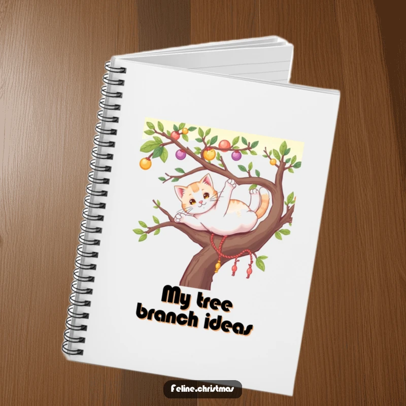 Funny cat in a playful stretch on a festive, decorated tree branch, featured on the cover of a lined notebook.