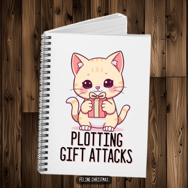 Funny Notebook: Kawaii cat holding a small gift, poised to pounce, perfect for jotting down playful ideas and plans.