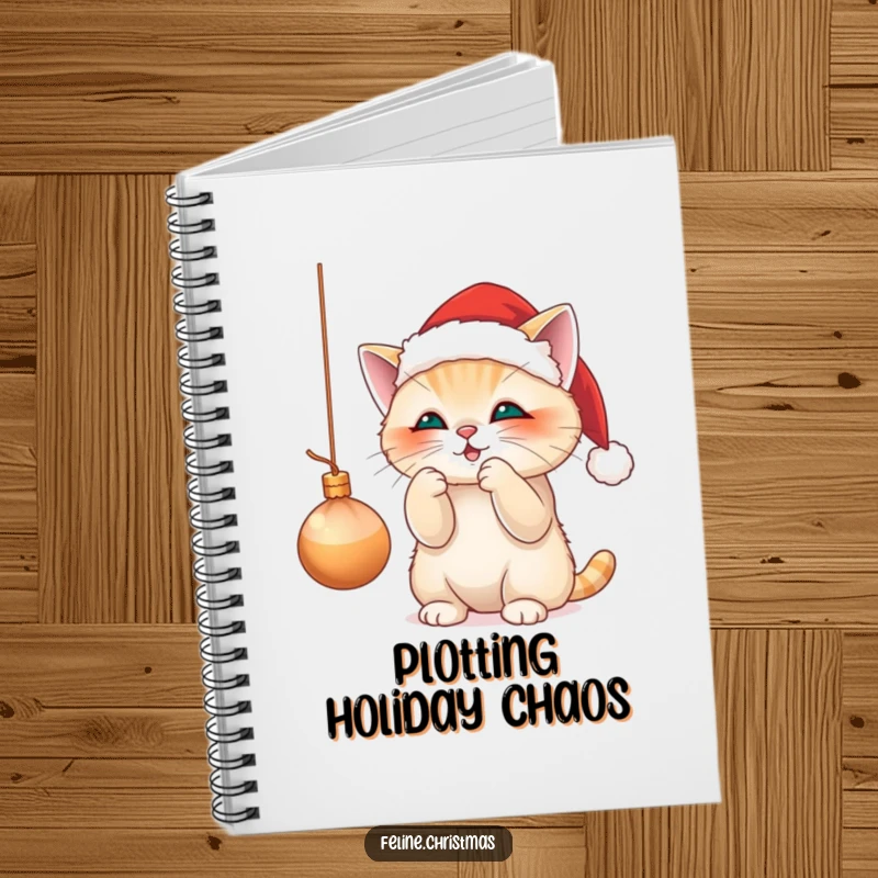 Funny notebook with a cute cat in a Santa hat, playfully batting at a dangling Christmas ornament, ready for notes and doodles.