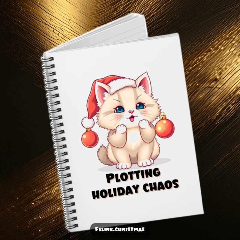 Funny cat notebook: cover depicts a fluffy kitten in a Santa hat playfully batting at a Christmas tree ornament.
