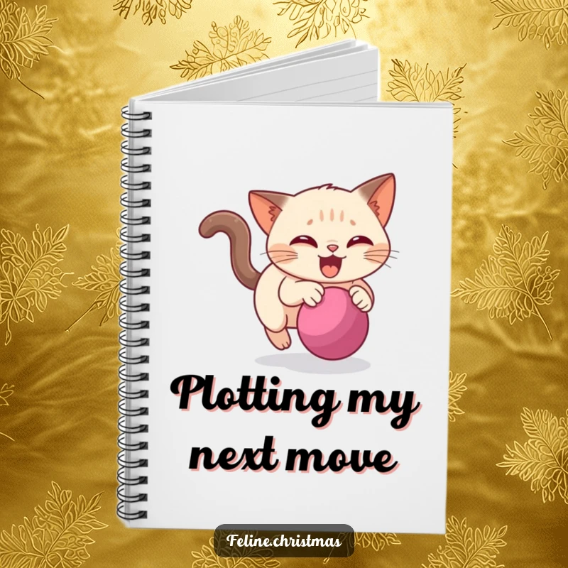 Funny Siamese cat notebook showing a cat enthusiastically chasing a bauble, perfect for jotting down notes with a smile.