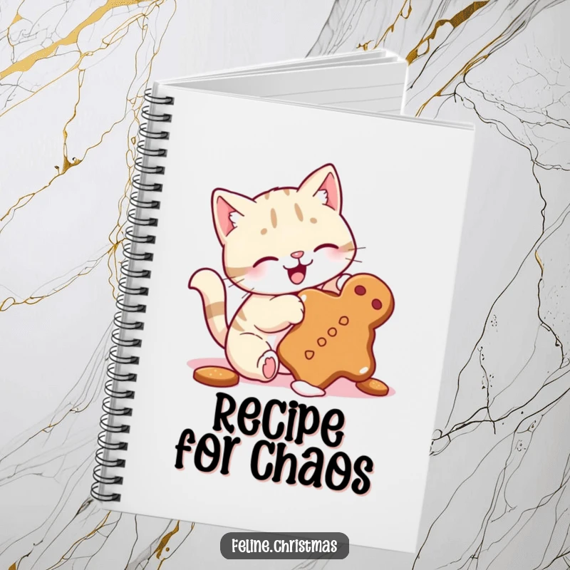 Funny notebook with a cute cat, wagging tail, playfully batting at a tumbling gingerbread cookie, ready for notes and doodles.