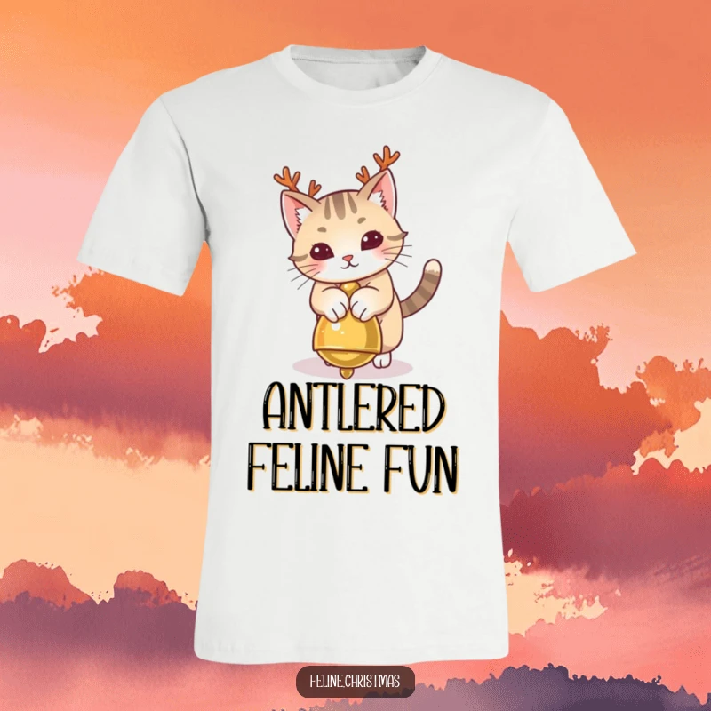 Funny Cat Antlers T-Shirt featuring a playful cat with antlers attacking a jingle bell, festive and humorous.