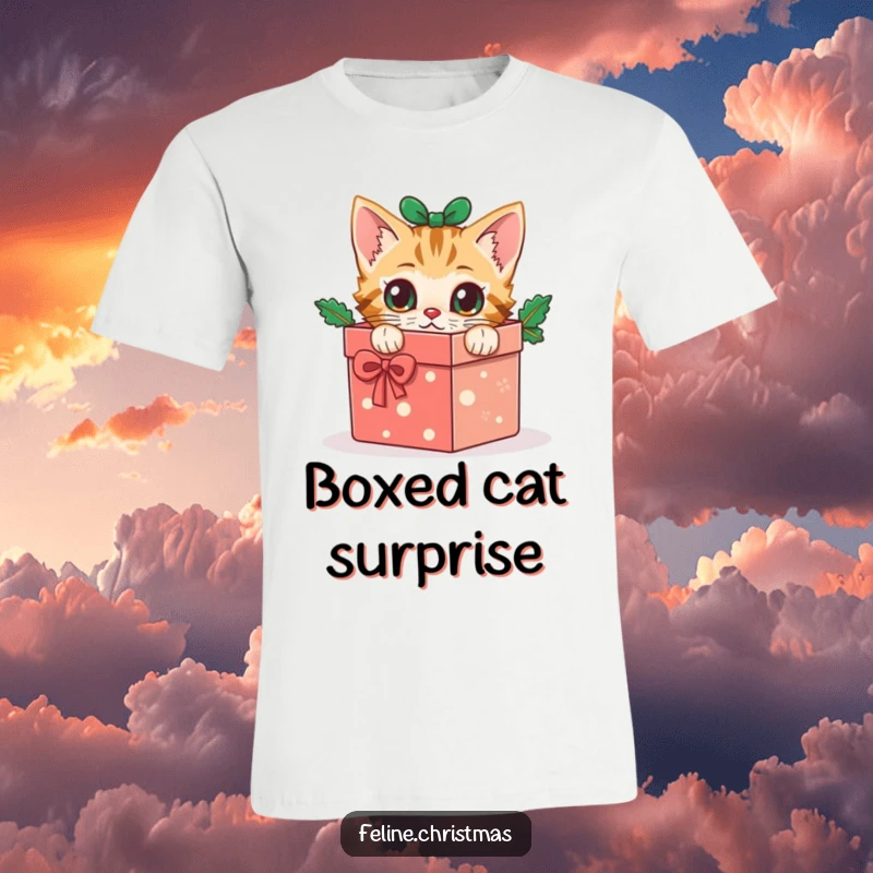 Funny cat t-shirt: a wide-eyed kitten curiously peeks out from a festive Christmas gift box, embodying holiday excitement.
