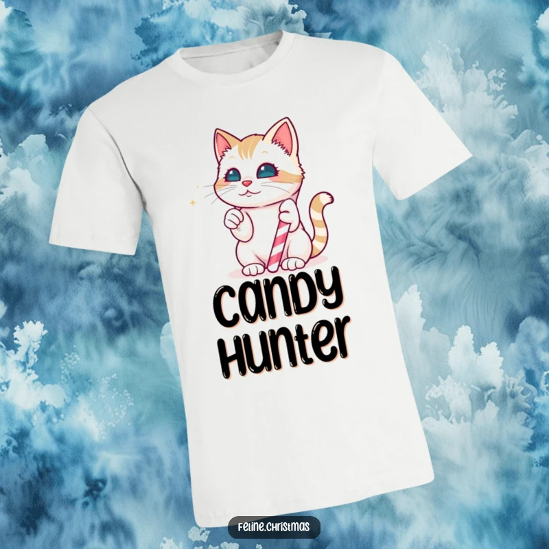 Funny T-Shirt: A kawaii cat playfully batting at a magical, edible candy cane during the festive holiday season.