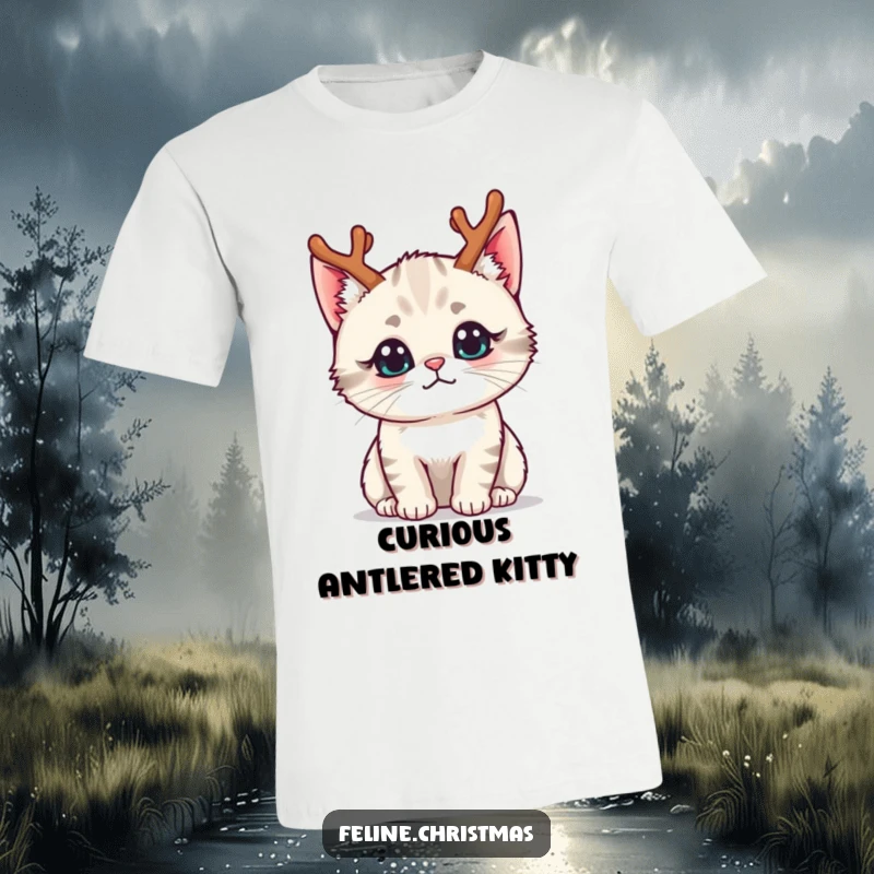 Funny kawaii cat wearing tiny reindeer antlers with a curious expression, printed on a comfortable t-shirt.