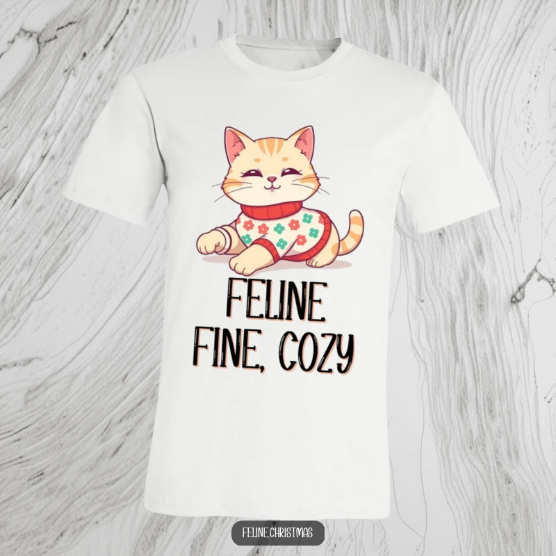 Funny t-shirt with a cute cat elegantly stretching in a festive sweater, embodying holiday relaxation.