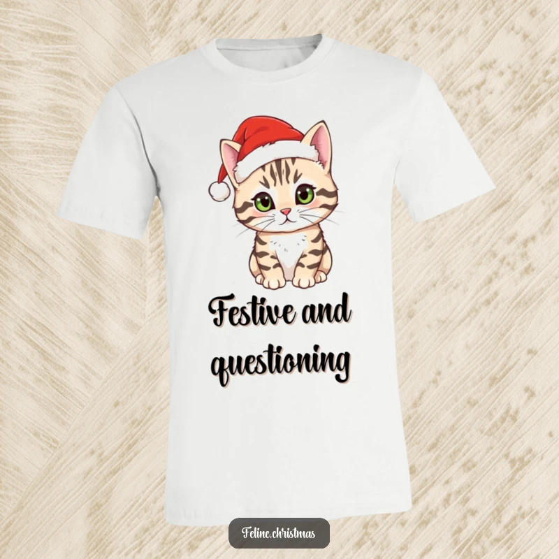 Funny tabby cat t-shirt displaying a curious cat wearing a festive Santa hat, ready for holiday adventures.