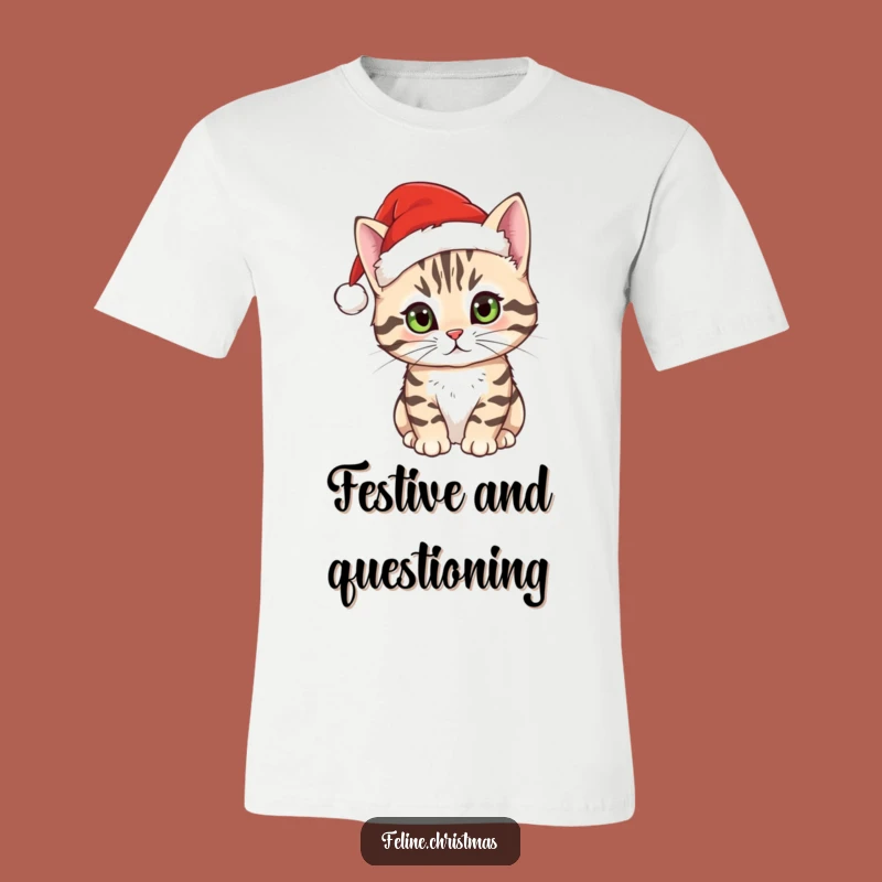 Funny Tabby Cat Santa Hat T-Shirt - Curious Holiday Cat Tee