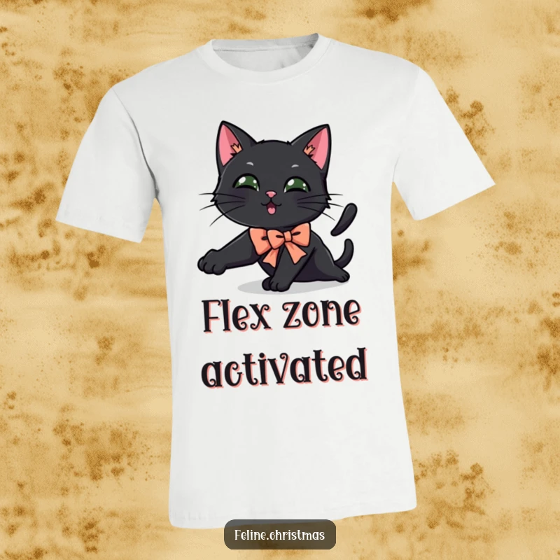 Funny black cat t-shirt with a cat wearing a festive bow, performing a delightful and exaggerated playful stretch.