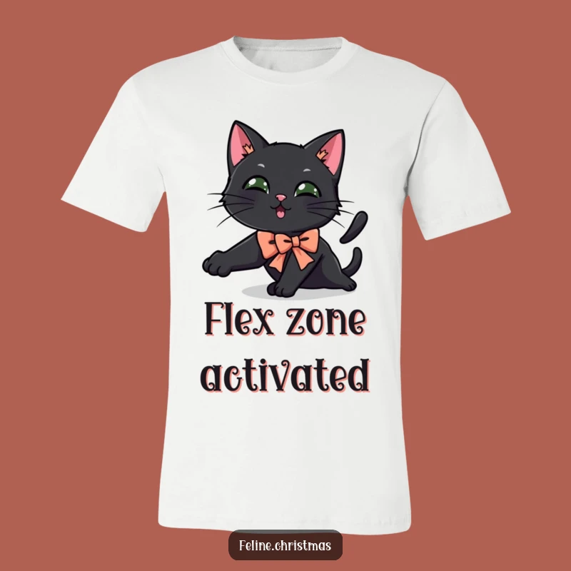 Funny Black Cat Festive Bow T-Shirt - Playful Stretchy Cat Tee