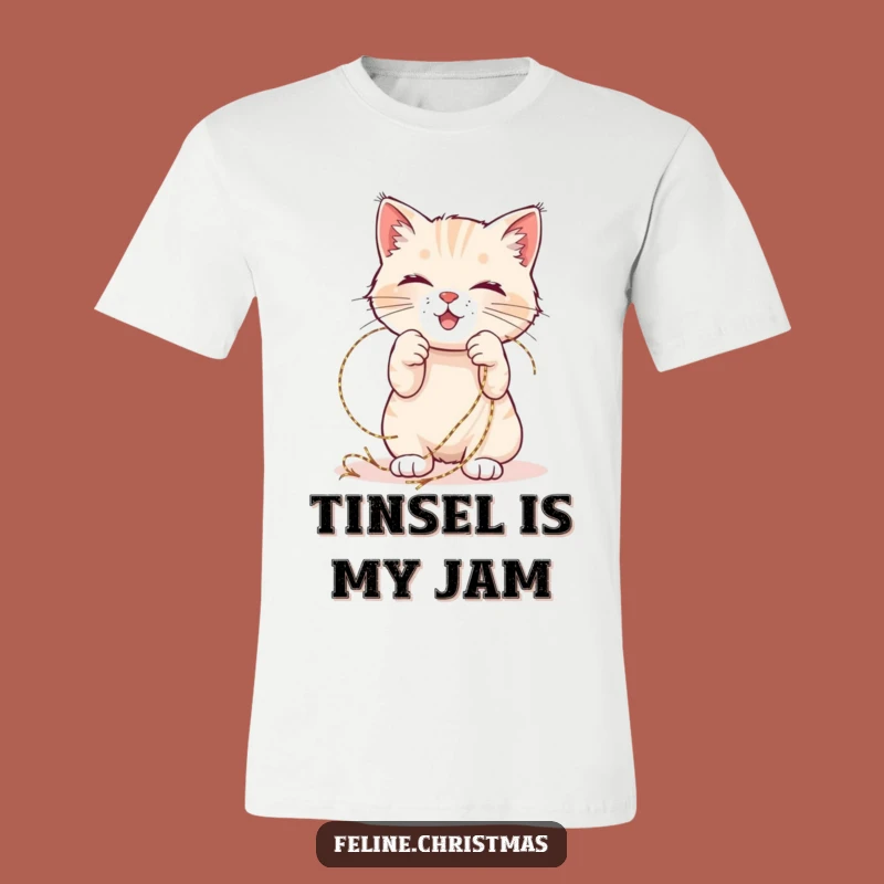 Funny Cat Tinsel T-Shirt: Playful kitty tangled, a hilarious holiday gift.