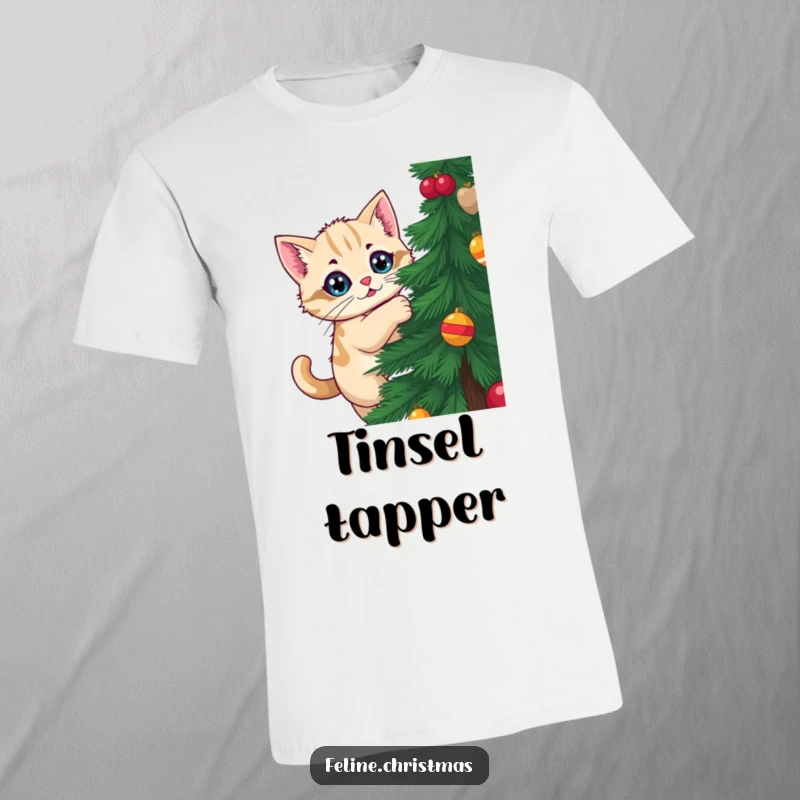 Funny Kawaii Cat T-Shirt: A cat tries to climb a Christmas tree, capturing funny holiday antics.