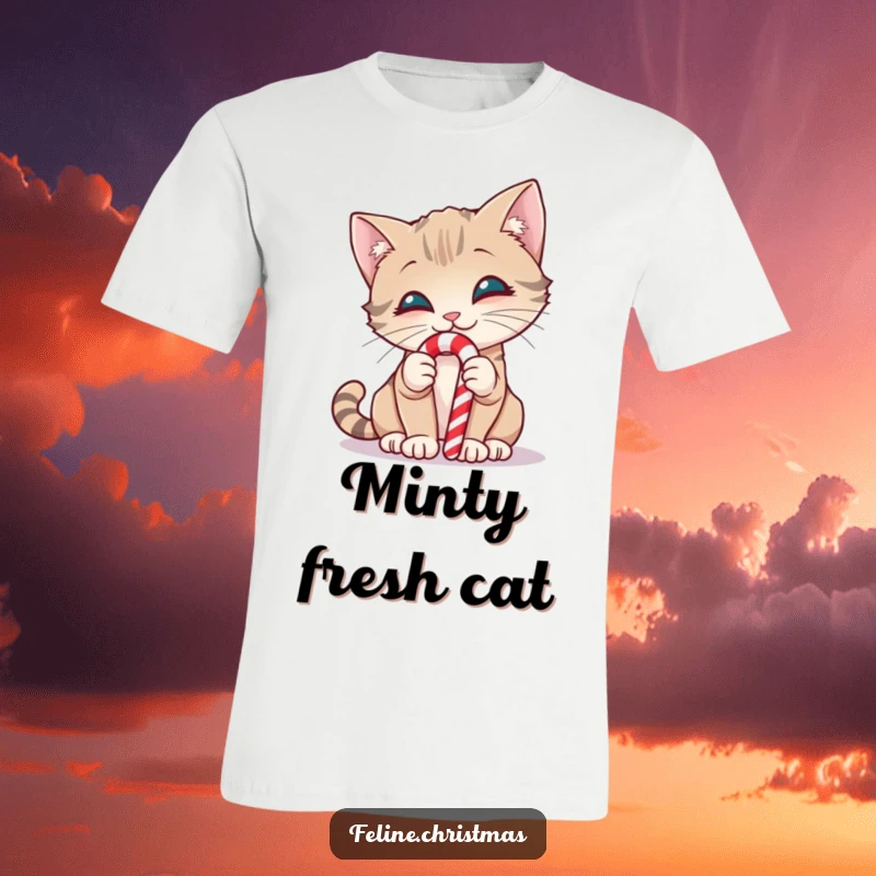 Funny t-shirt depicting a smiling cat curiously investigating a candy cane with playful interest.