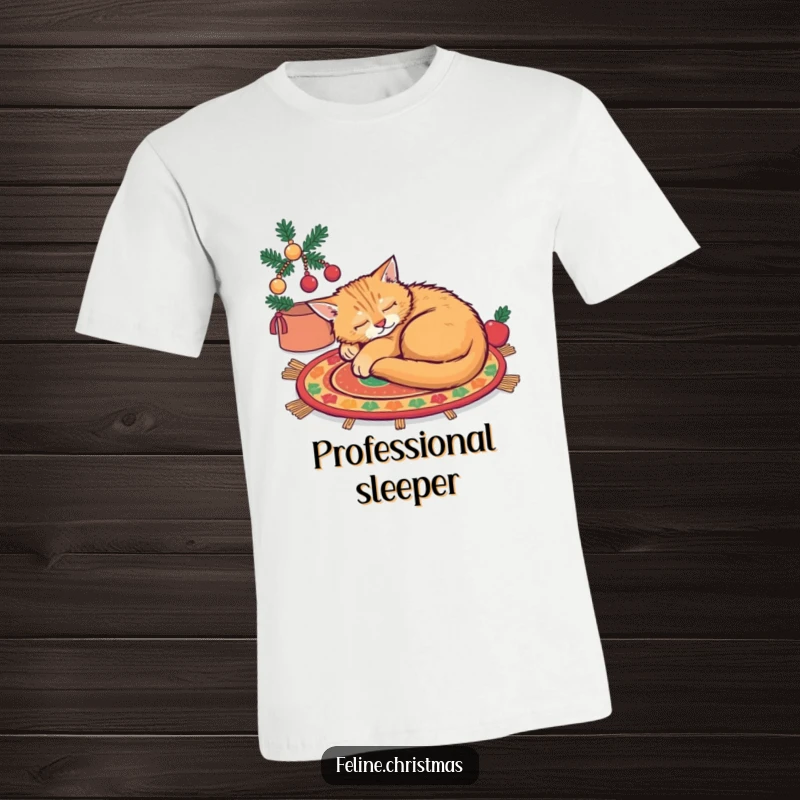 Funny ginger cat fast asleep on a festive rug, printed on a super soft and funny t-shirt.