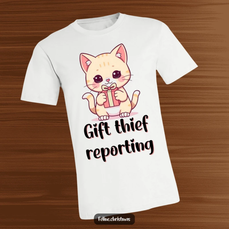 Funny T-Shirt: A kawaii cat holding a small gift, looking intently and ready to pounce with playful anticipation.