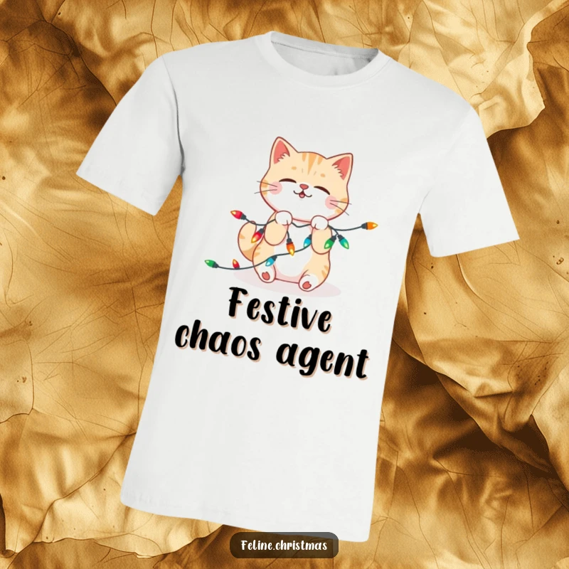 Funny T-Shirt: A kawaii cat hilariously tangled in colorful festive Christmas lights, embodying playful holiday mischief.