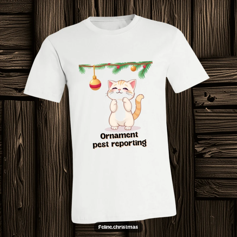 Funny kawaii cat playfully batting at a dangling Christmas ornament, printed on a comfortable t-shirt.