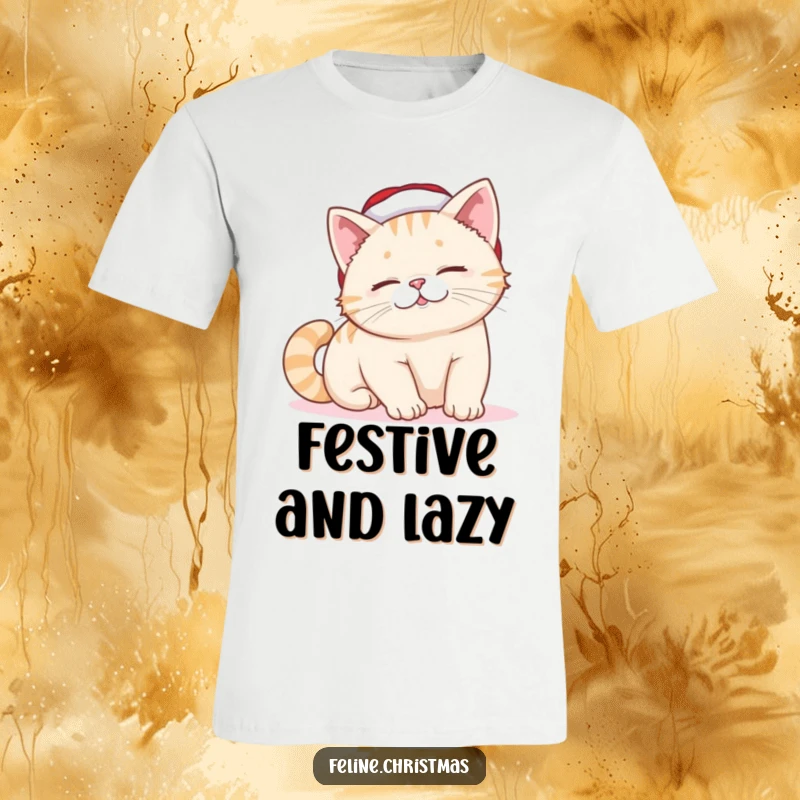 Funny Cat T-Shirt: A cat sporting a small Santa hat stretches languidly with a lazy, contented smile, radiating holiday relaxation.