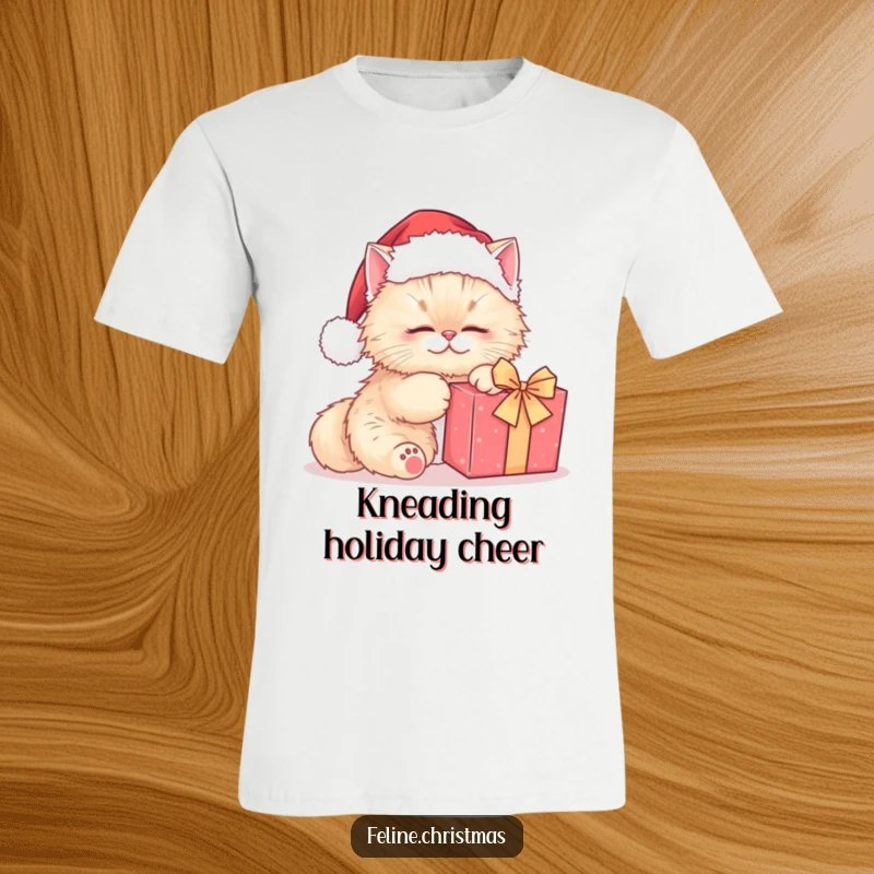 Funny Persian cat Santa t-shirt, a cute cat in a Santa hat kneading a gift, evoking warmth and holiday cheer.