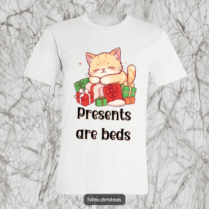Funny cat t-shirt: a contented cat naps soundly on a cozy mound of red and green Christmas gifts, radiating peace.