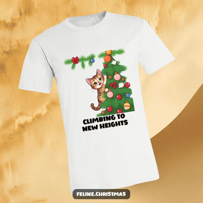 A funny tabby cat caught in the act of climbing a Christmas tree with pure, playful intention on a t-shirt.