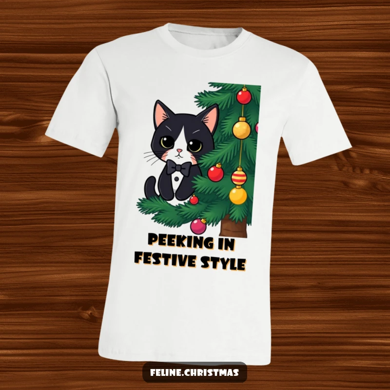 Funny tuxedo cat Christmas t-shirt, a cute cat in a bow tie peeking out from behind a Christmas tree, adding festive charm.