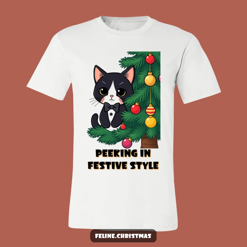 Funny Tuxedo Cat Christmas T-Shirt: Hidden Kitty Behind Tree, Humorous Holiday Tee