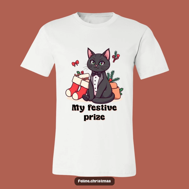 Funny Tuxedo Cat T-Shirt: Regal Holiday Stocking Guardian