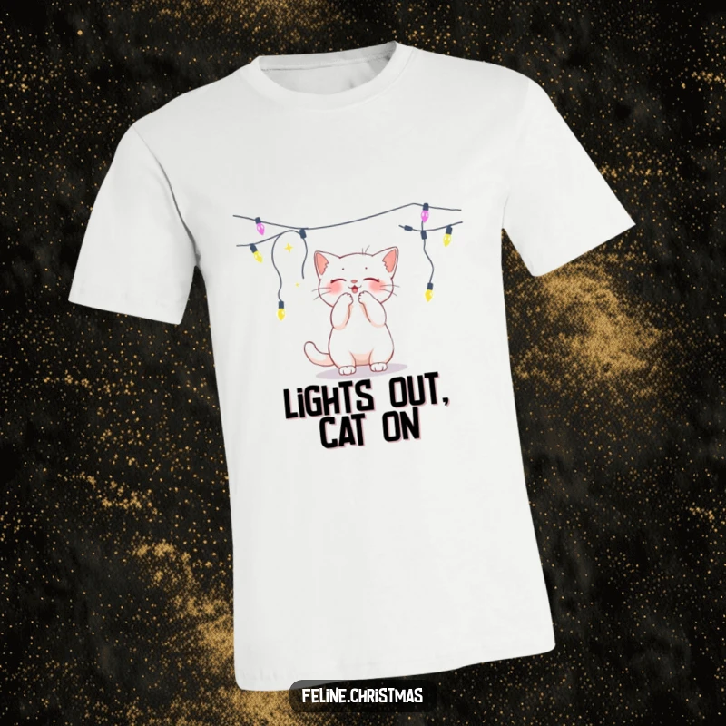 Funny white cat batting energetically at a dangling string of fairy lights, printed on a fun t-shirt.