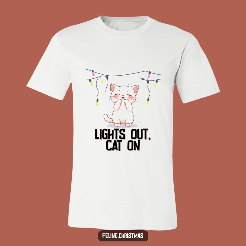 Funny White Cat Lights Tee - Playful Feline Holiday Shirt