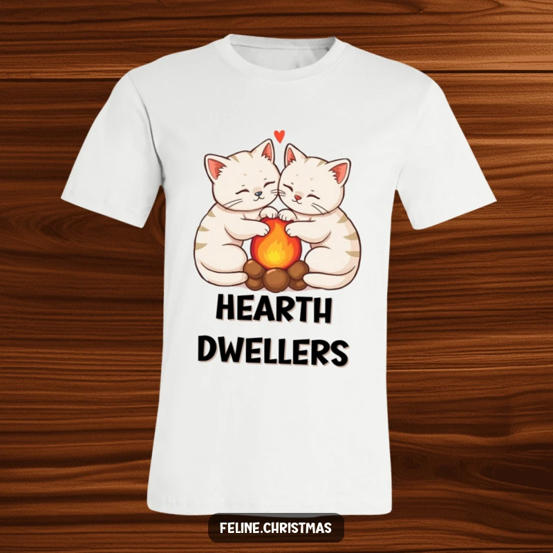 Funny Kawaii Cats T-Shirt: Two cats snuggle by a hearth, radiating funny warmth and comfort.