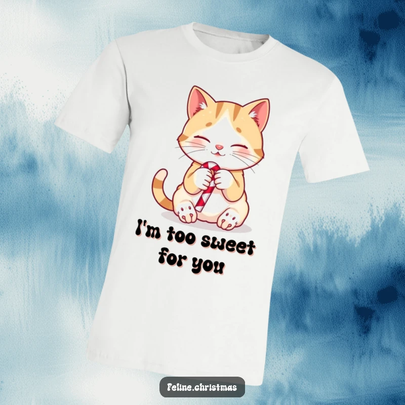 Funny cat t-shirt featuring a playful kitten holding a small candy cane, a festive and cute Christmas design.