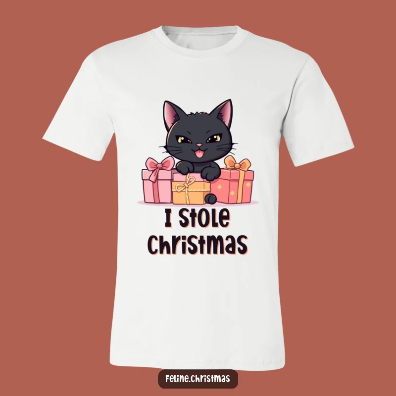 Funny Black Cat Hiding Presents Tee - Mischief Maker Cat Shirt