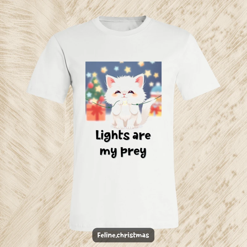 Funny Kawaii Fluffy White Cat T-Shirt: A cute cat playfully batting at a string of sparkling Christmas lights, capturing holiday fun.