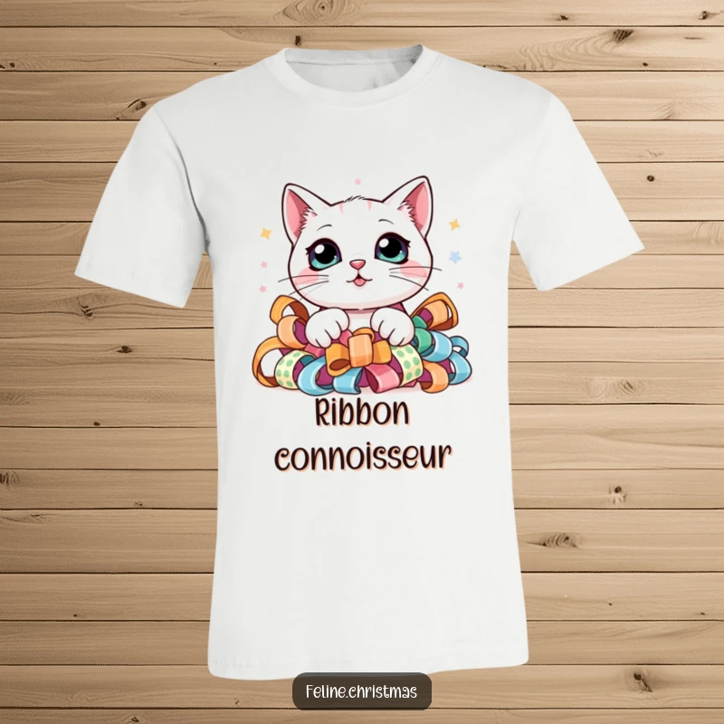 Funny t-shirt featuring a kawaii cat with large, curious eyes, peeking out from a heap of festive ribbon, exuding charm.