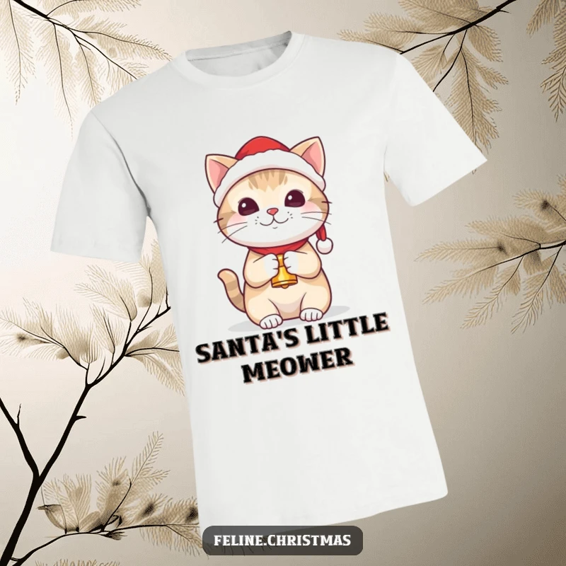 Funny kawaii cat wearing a Santa hat and holding a tiny bell, printed on a comfortable t-shirt.