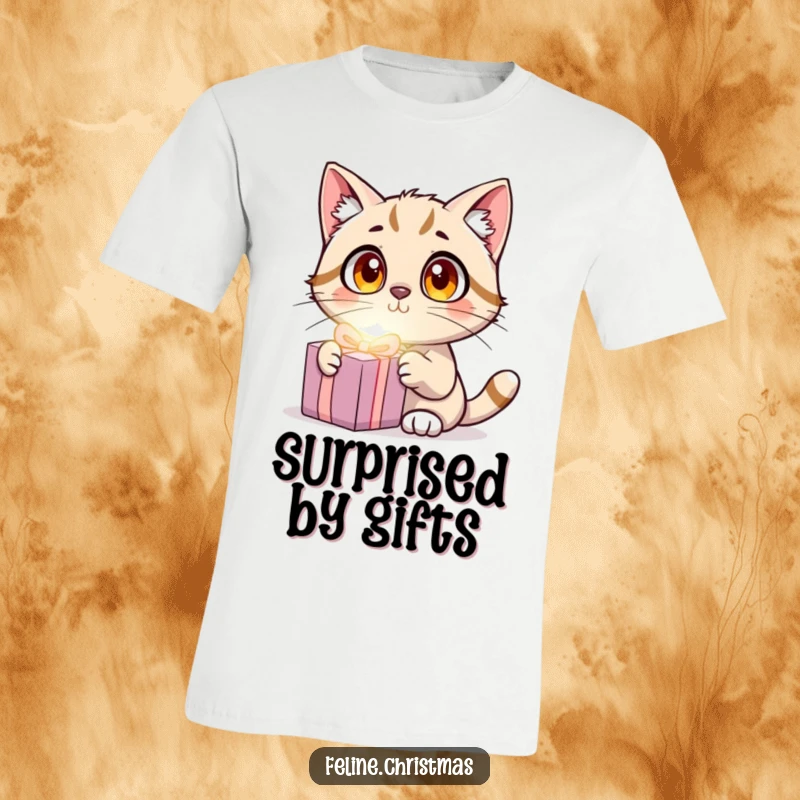 Funny Cat Surprise T-Shirt featuring a wide-eyed cat startled by a glowing present, humorous and eye-catching.