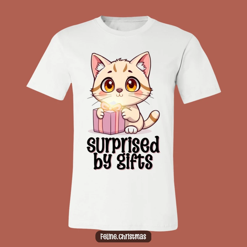Funny Cat Surprise T-Shirt: Wide-Eyed Kitty Shocked by Glowing Present Design
