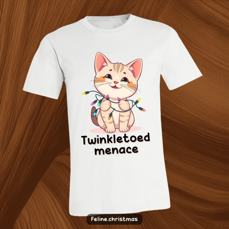 Funny cat t-shirt: a playful cat with perked ears is hilariously entangled in a string of bright, festive Christmas lights.