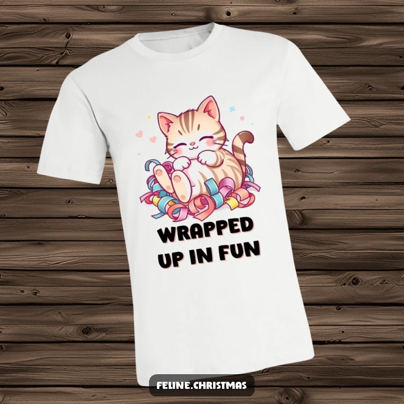 Funny Kawaii Striped Cat Ribbon T-Shirt: A happy cat joyfully rolling in a pile of colorful festive ribbon, capturing holiday fun.