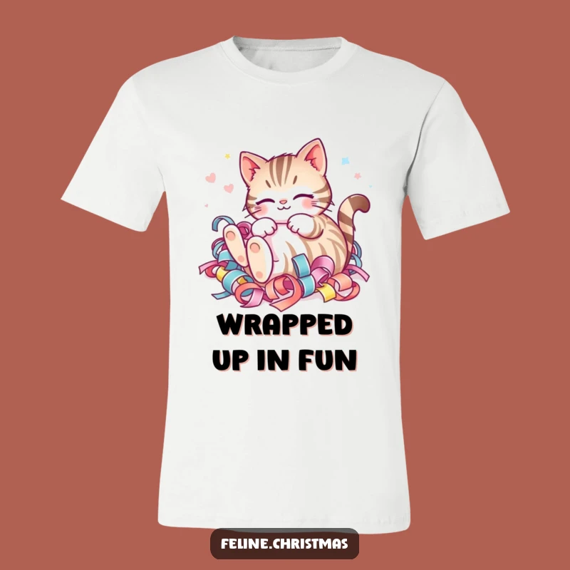 Funny Kawaii Striped Cat Ribbon T-Shirt: Festive Holiday Cheer for a Hilarious Gift!