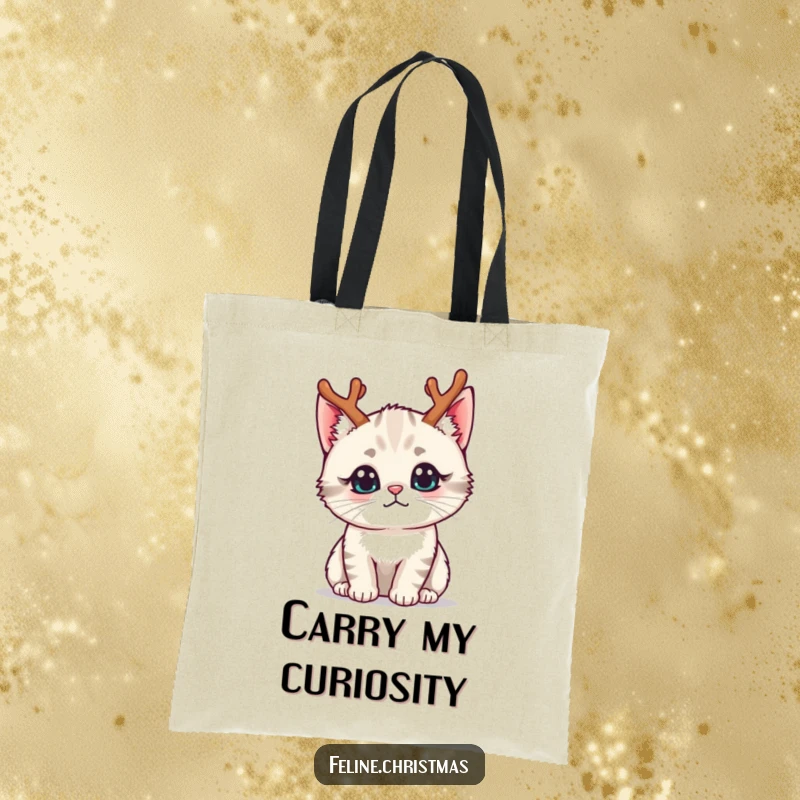Funny kawaii cat wearing tiny reindeer antlers with a curious expression, on a durable and stylish tote bag.