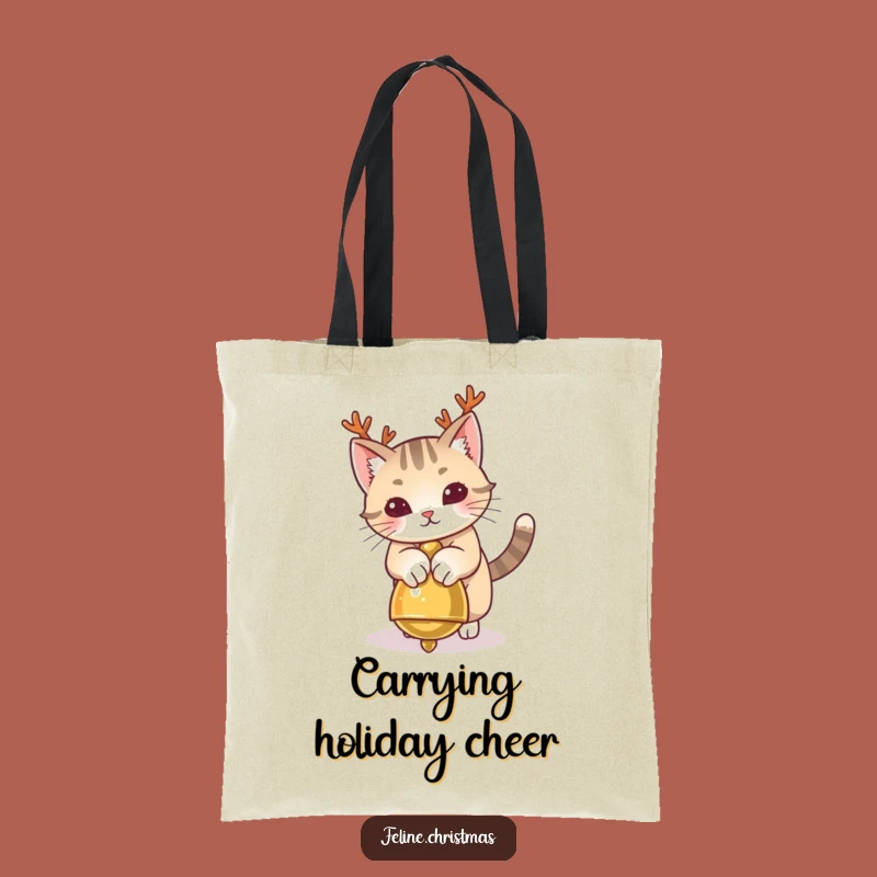 Funny Cat Antlers Tote Bag: Carry Festive Fun with a Playful Kitty's Jingle Bell Chase