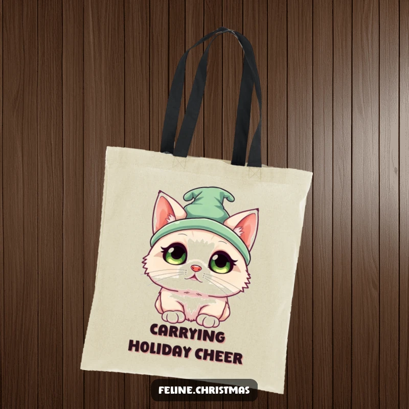 Funny Kawaii Ragdoll Elf Cat Tote Bag: A cute cat in an elf hat gazing upwards innocently, ideal for festive shopping trips.
