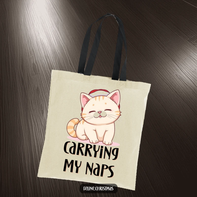 Funny Cat Tote Bag: A cat wearing a tiny Santa hat stretches with a lazy smile, embodying holiday relaxation and feline charm.