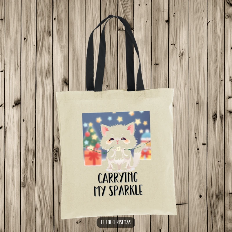 Funny Kawaii Fluffy White Cat Tote Bag: A cute cat batting at sparkling Christmas lights, perfect for festive errands.