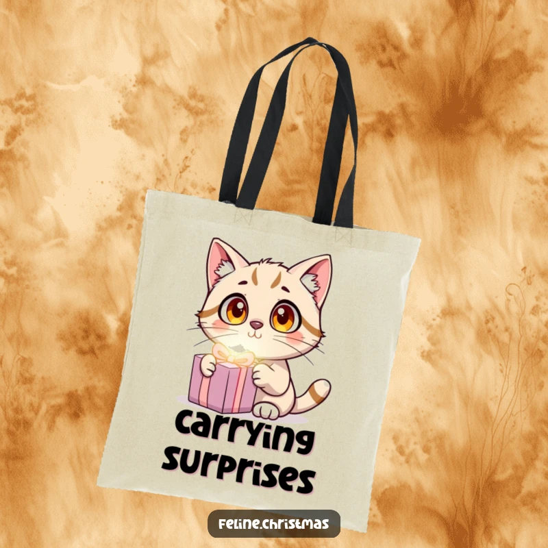 Funny Cat Surprise Tote Bag depicting a wide-eyed cat surprised by a glowing present, humorous and practical.