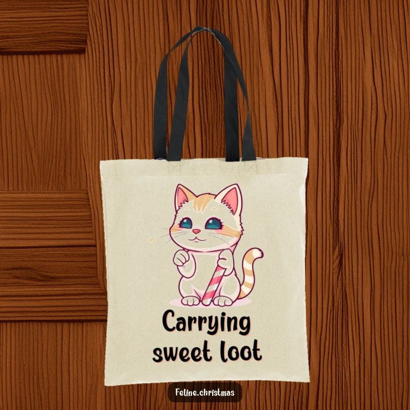 Funny Tote Bag: Kawaii cat playfully batting at a magical, edible candy cane, perfect for holiday errands and fun.